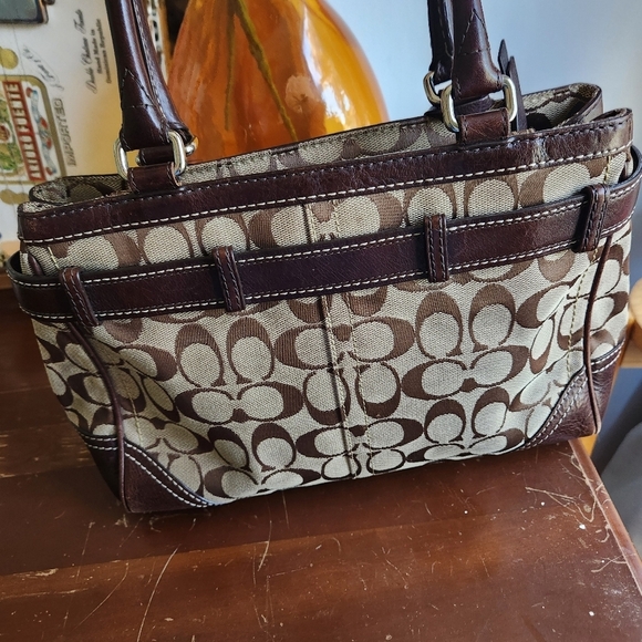 Vintage Coach Hampton Signature Demi Khaki Striped Brown and Tan Satche - Picture 9 of 14